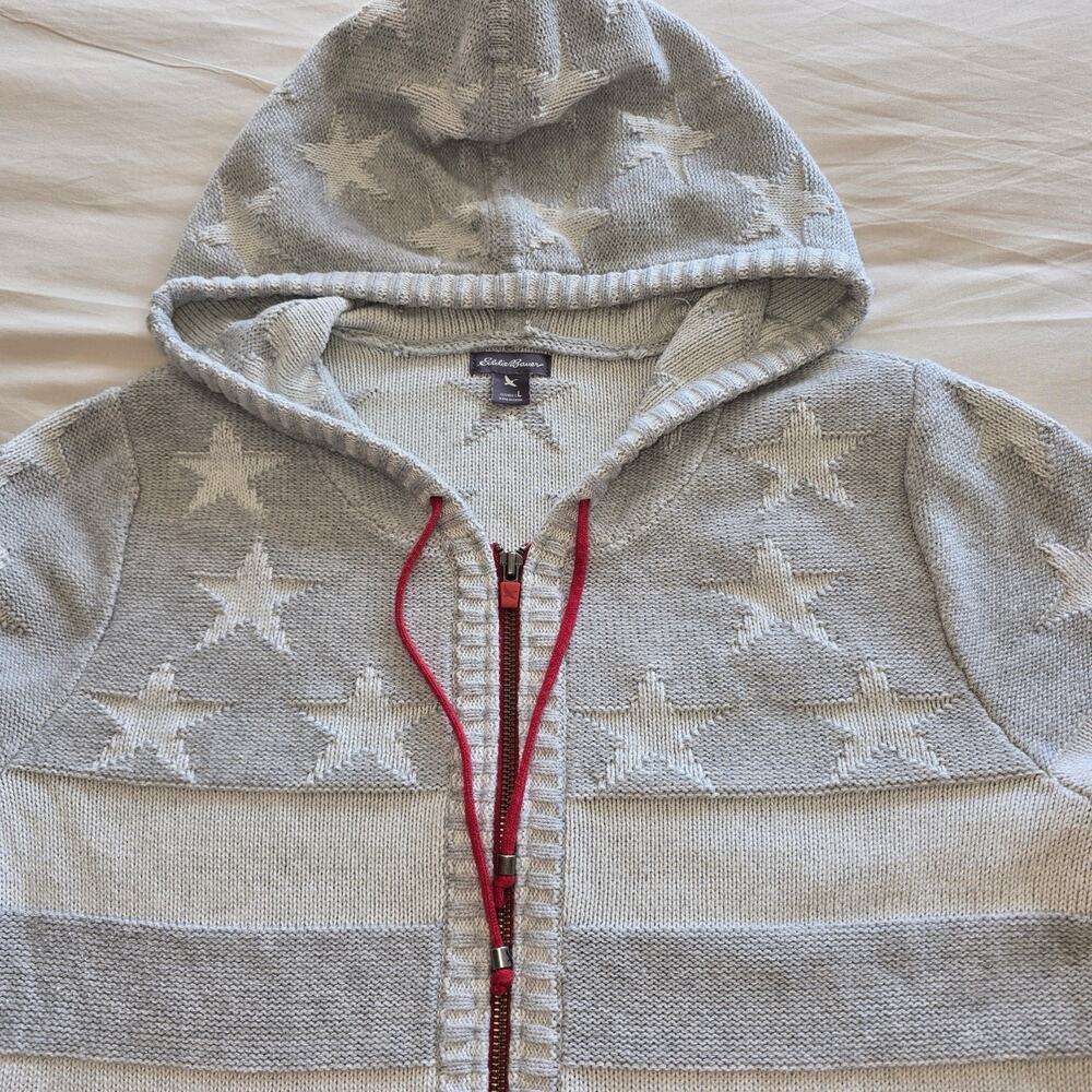 Eddie Bauer Sweater Womens Large 100% cotton grey stars Zip American Flag hoodie - Picture 2 of 8